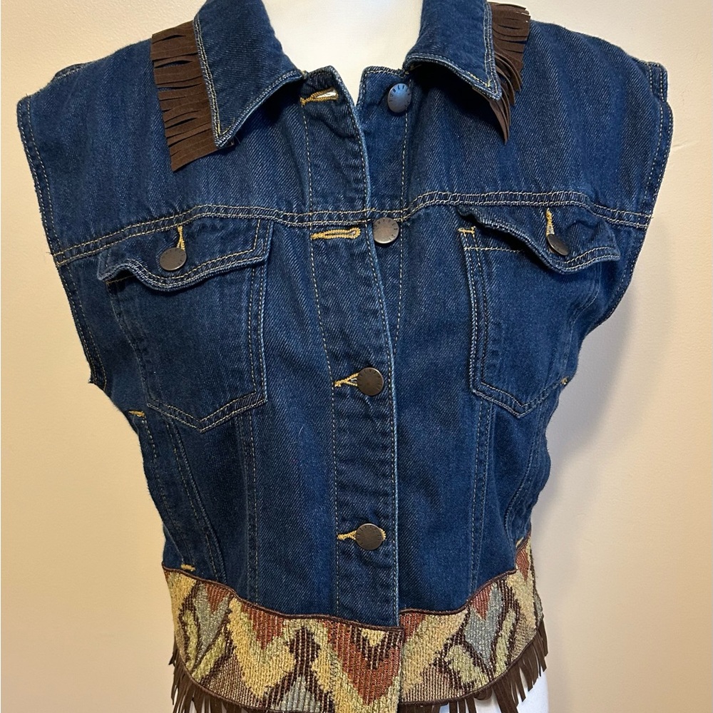 Forever 21 Dark Wash Denim Western Fringe Vest Upcycled
